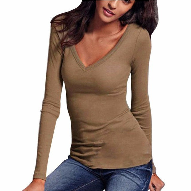 New Fashion Blouse Women Shirt Casual Tops Sexy Deep V Neck Long Sleeve Solid 5 Colors Elegant Ladies Blouses#LSW