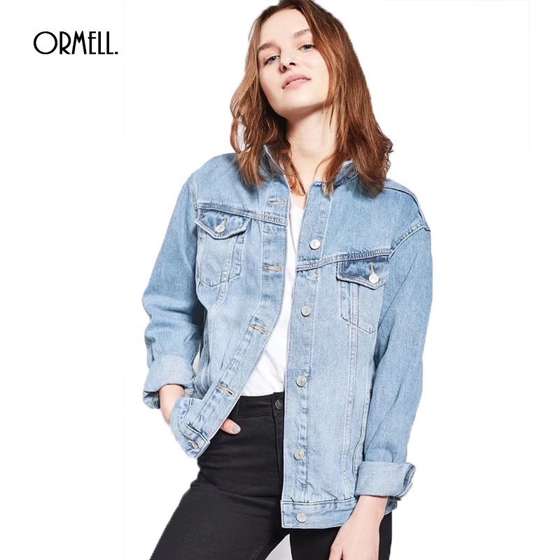 ORMELL Women Denim Jacket Loose Casual Female Autumn Outwear Turn Down Collar Blue Black Ladies Button Jeans Coat Long Sleeve