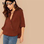SHEIN Rust Modern Lady Elegant Pocket Patched Surplice Wrap Top 2018 Women Autumn Solid Weekend Casual Minimalist Blouses