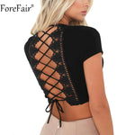 ForeFair Sexy Cross Lace Up T Shirt Women Summer Backless Crop Top Plus Size Female Autumn 2018 V Neck Pink Tops