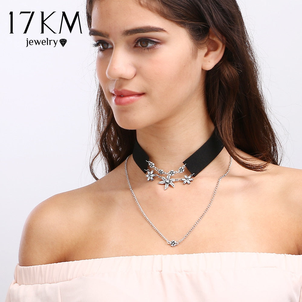17KM New Fashion Crystal Flower Tattoo Choker Necklace for Women Black and Pink Velvet  Vintage Leather Necklaces Collar Jewelry