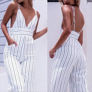 2017 New Jumpsuit Women Striped Clubwear V-Neck Playsuit Sleeveless Jumper Bodycon Party Jumpsuit Female Summer Backless Romper