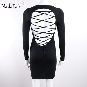 Nadafair Long Sleeve Stretchy Sexy Club Bandage Bodycon Dress 2017 Women Black Red Lace Up Backless Party Dresses