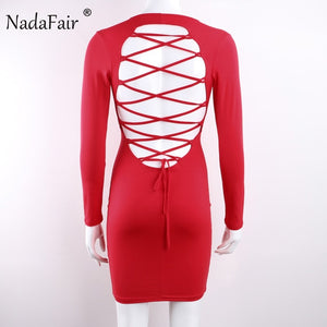 Nadafair Long Sleeve Stretchy Sexy Club Bandage Bodycon Dress 2017 Women Black Red Lace Up Backless Party Dresses