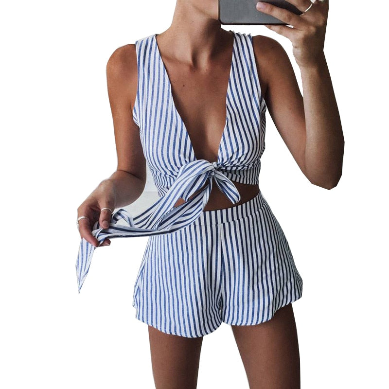 Two Piece Set Blue Striped Playsuits Beach Casual Short Pants Jumpsuit Rompers Sexy Sleeveless V Neck Overalls Bodysuit Sashes