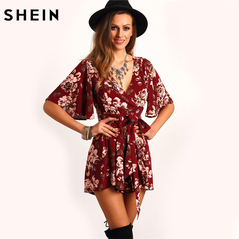 SHEIN Shorts Rompers Womens Jumpsuits Summer Ladies Red Sexy Deep V Neck Short Sleeve Floral Tie Waist Casual Jumpsuit