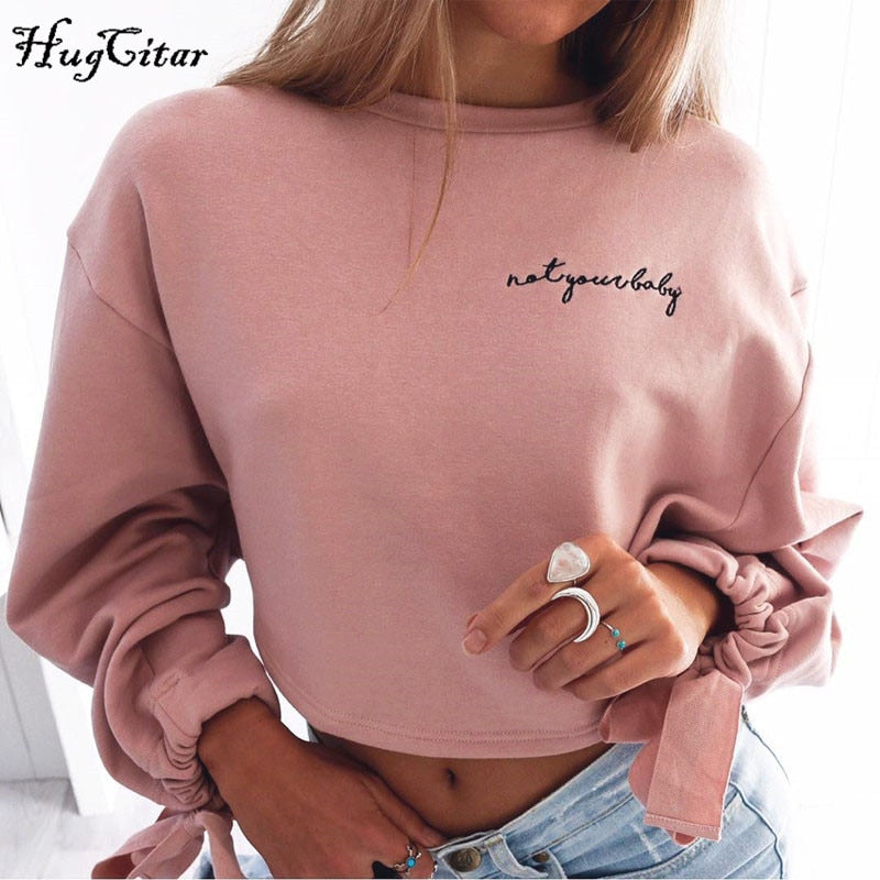 Hugcitar letters embroidery Sweatshirt 2017 autumn female Long Sleeve Women crop top pink white solid girl casual Pullover