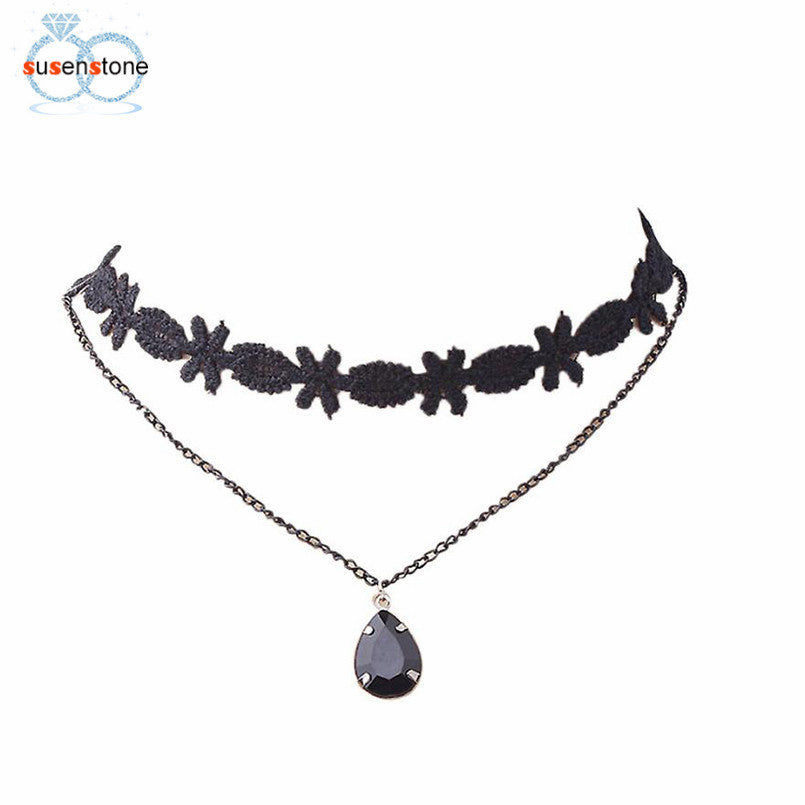SUSENSTONE Lace Tassel Necklace Women's Fashion Black Chain Pendant Choker Bib Collar Necklaces