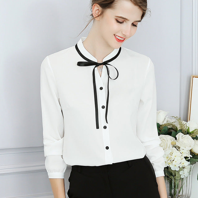 New Spring Autumn Tops Office Ladies Blouse Fashion Long Sleeve Bow Slim White Shirt Female Cute Bodycon Work Blouses Blusas