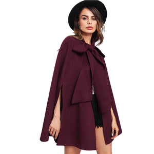 SHEIN Elegant Woman Fall Coat Korean Fashion Clothing for Womens Burgundy Long Sleeve Slit Back Tied Front Cape Coat