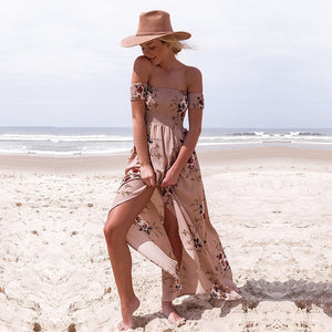 ELSVIOS Women Off Shoulder Floral Print Boho Dress Fashion Beach Summer Dresses Ladies Strapless Long Maxi Dress Vestidos XS-5XL