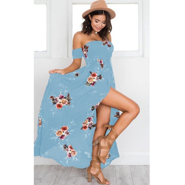 ELSVIOS Women Off Shoulder Floral Print Boho Dress Fashion Beach Summer Dresses Ladies Strapless Long Maxi Dress Vestidos XS-5XL