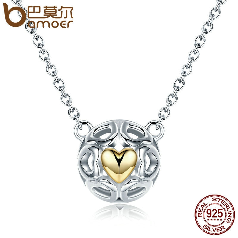 BAMOER Genuine 925 Sterling Silver My One True Love Pendant Necklaces for Women Openwork Heart Abundance Of Love Jewelry SCN079