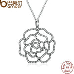 BAMOER 925 Sterling Silver Shimmering Rose Pendant Necklace, Clear CZ Necklaces & Pendants Colares Fine Jewelry PSN004