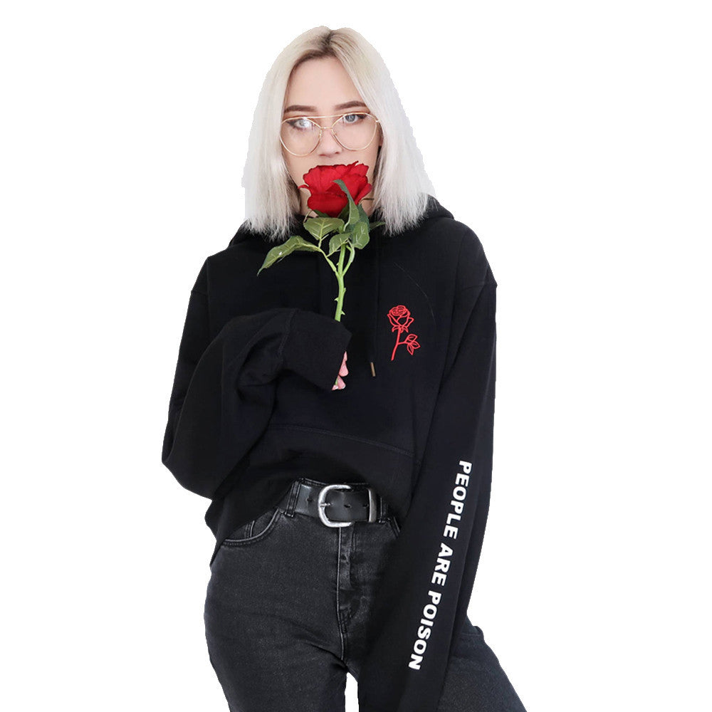 Women People Are Poison Sleeve Embroidery Rose Hoodie Sweatshirt Blouse Tops