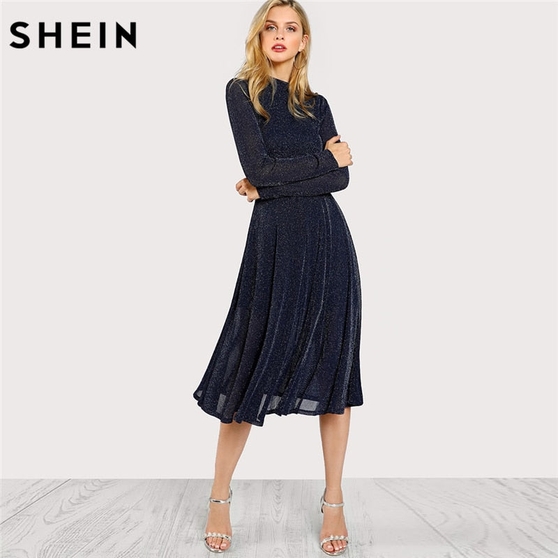 SHEIN A Line Ladies Dresses Navy Long Sleeve Mock Neck Glitter Fit abd Flare Dress Stand Collar Elegant Party Dress