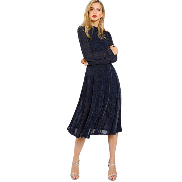 SHEIN A Line Ladies Dresses Navy Long Sleeve Mock Neck Glitter Fit abd Flare Dress Stand Collar Elegant Party Dress