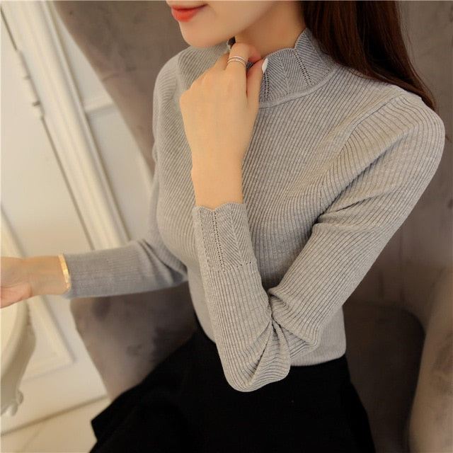 2018 Korean Fashion Women Sweaters and Pullovers Sueter Mujer Ruffled Sleeve Turtleneck Solid Slim Sexy Elastic Women Tops