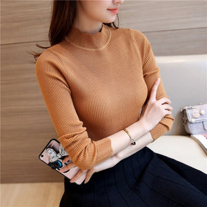 2018 Korean Fashion Women Sweaters and Pullovers Sueter Mujer Ruffled Sleeve Turtleneck Solid Slim Sexy Elastic Women Tops