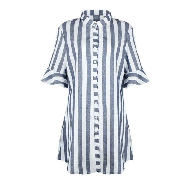 2018 New arrivals fashion women blue white striped half ruffle sleeve stand collar women long button shirt women tops