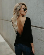 Fashion Women's Sexy V Open Back Backless Tops Long Sleeve Back Tied T-shirt Loose Casual Shirt New