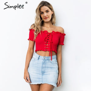 Simplee Off shoulder print sexy tank top Ruching ruffle  lace up tops tee women Short sleeve summer white camisole shirt