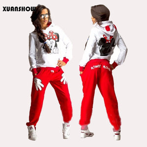 XUANSHOW Women Set Casual Sportswear Cute Ear Cartoon Mouse Printed With Hooded long-sleeved Suit Tenue Tracksuit  Femme