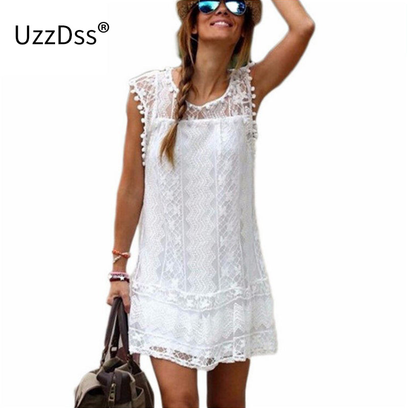 UZZDSS Summer Dress 2018 Women Casual Beach Short Dress Tassel Black White Mini Lace Dress Sexy Party Dresses Vestidos S-XXL
