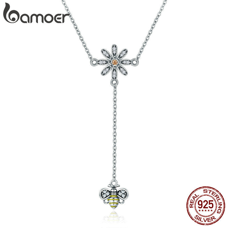 BAMOER Real 100% 925 Sterling Silver Pendant Daisy Flower with Cute Bee Long Chain Pendant Necklace Women Silver Jewelry SCN202