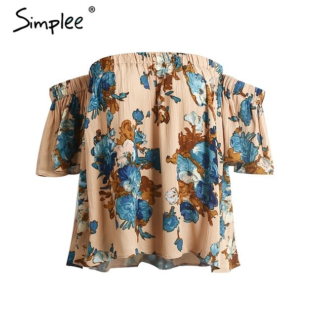 Simplee Flower print off shoulder blouse shirt Women casual short flare sleeve cool blouse blusas Sexy blouse chemise femme tops