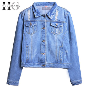 HEE GRAND Size S-5XL Denim Jacket Women 2018 Long Sleeve Hole Light Washed Short Jeans Jacket Frayed Fashion Girls Coats WWJ840