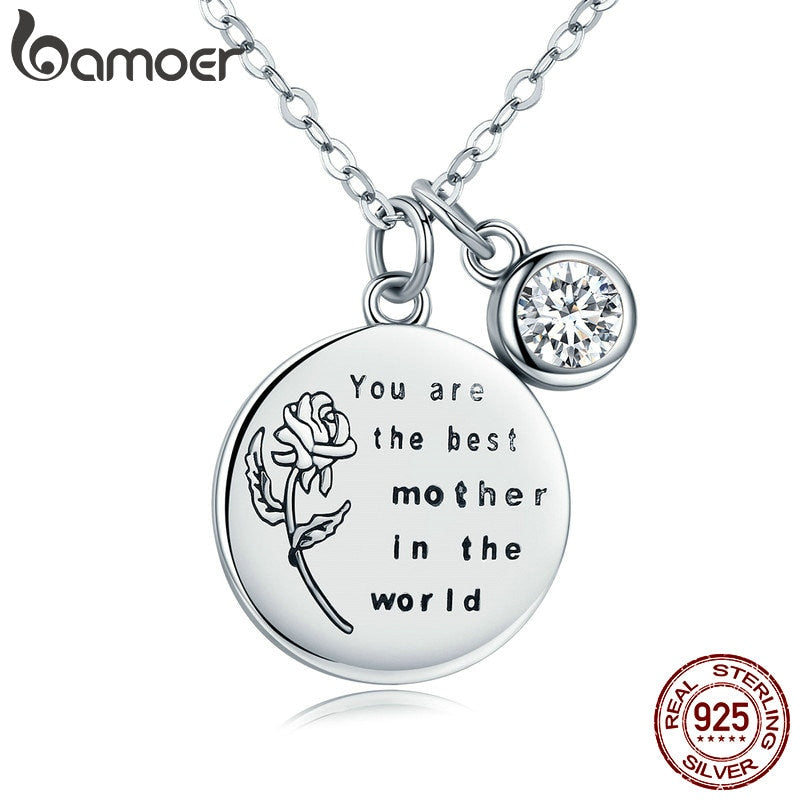 BAMOER Genuine 925 Sterling Silver Best Mother Rose Flower Engrave Pendant Necklaces for Women Fine Jewelry Mom Gift SCN209