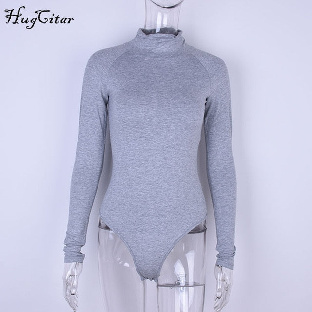 Hugcitar cotton long sleeve high neck skinny bodysuit 2017 autumn winter women black gray solid sexy body suit