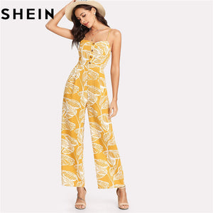 SHEIN Summer Vacation 2018 Spaghetti Strap Boho High Waist Tropical Palm Leaf Print Shirred Wide Leg Cami Palazzo Women Jumpsuit