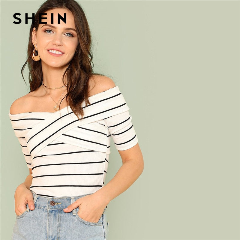 SHEIN Black and White Off the Shoulder Crisscross Front Striped Ribbed Short Sleeve T Shirt Women Summer Elegant Casual Tee