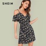 SHEIN Open Shoulder Wrap Neck Floral Dress 2018 Summer V Neck Sleeveless Cold Shoulder Vacation Dress Women Beach Cool Dress