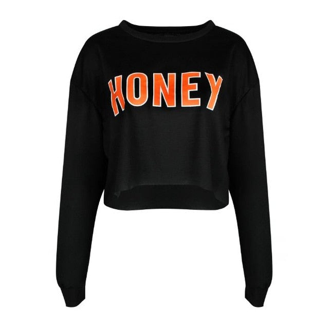 2018 Best Sell Fashion Black Long Sleeve Crop Top Women HONEY Letter Print Sexy Tee Ladies Autumn Pullover T Shirts Loose Hoodie