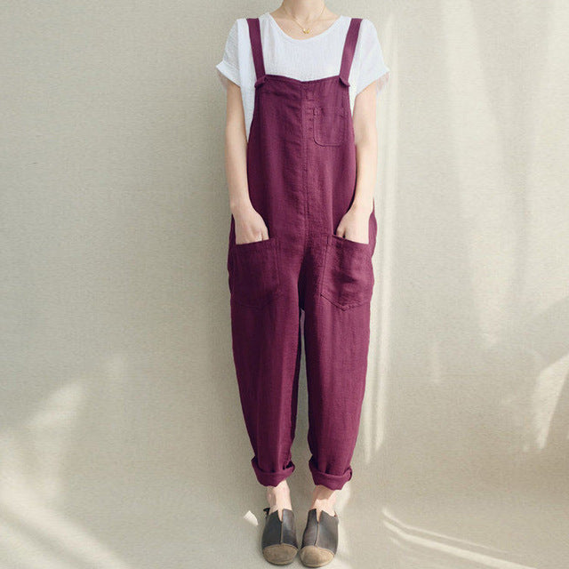 2018 ZANZEA Summer Women Strappy Pockets Casual Solid Dungarees Cotton Linen Long Jumpsuits Loose Bib Overalls Rompers Plus Size