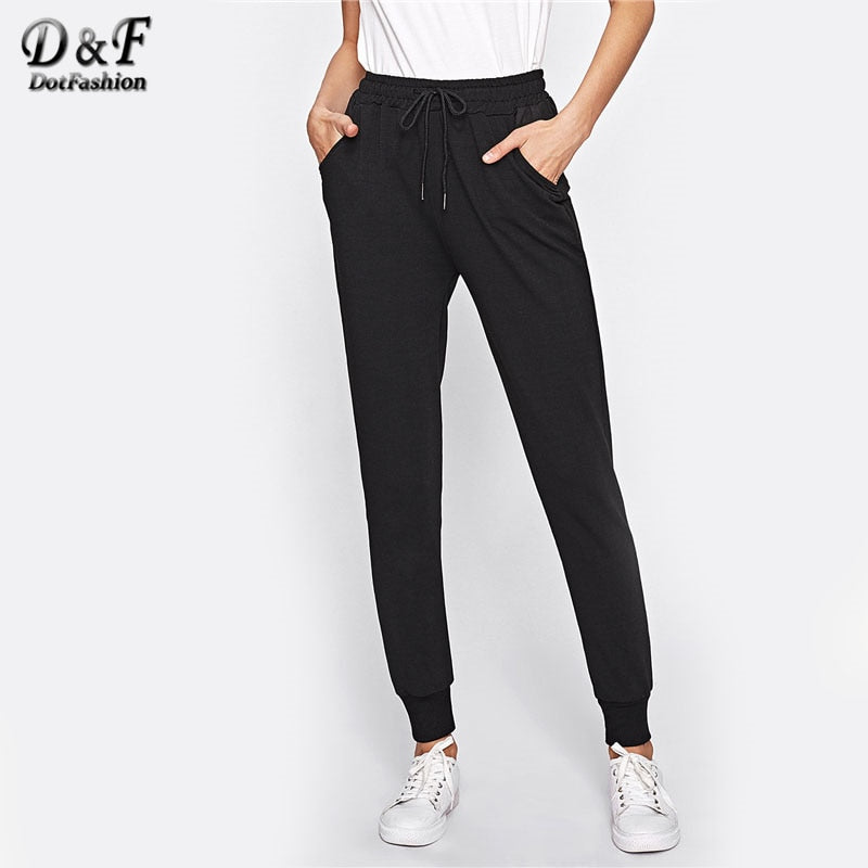 Dotfashion Drawstring Waist Fitness Sweatpants 2018 Autumn Black Mid Waist Solid Trousers Women Pocket Long Pants