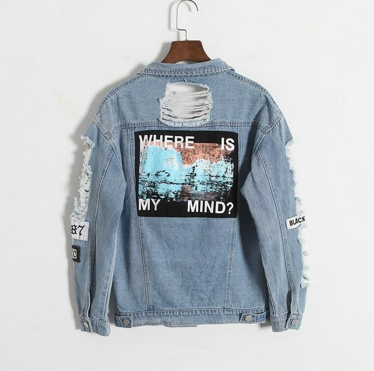 Where is my mind? Korea Kpop retro washing frayed embroidery letter patch bomber jacket Blue Ripped Distressed Denim Coat Female