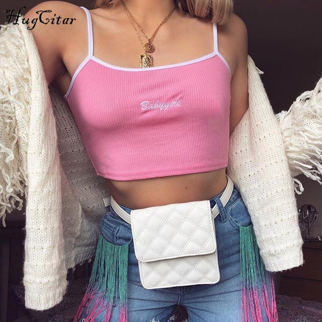 Hugcitar letters Embroidery spaghetti straps patchwork sexy crop tops 2018 summer women fashion camis