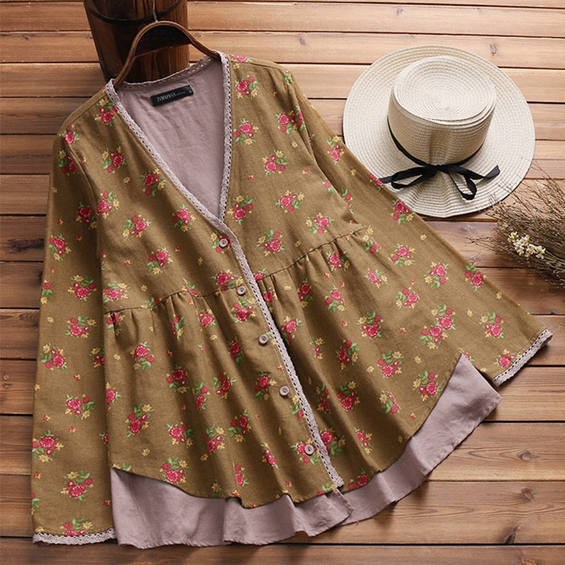 2018 Autumn ZANZEA Women V Neck Long Sleeve Buttons Down Lace Blouse Casual Floral Print Shirt Loose Ruffles Cotton Cardigan
