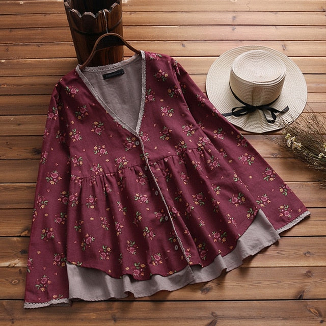 2018 Autumn ZANZEA Women V Neck Long Sleeve Buttons Down Lace Blouse Casual Floral Print Shirt Loose Ruffles Cotton Cardigan