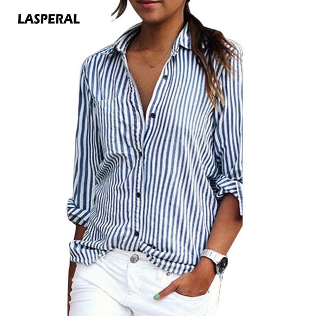 LASPERAL 2018 New Autumn Women Striped Long Sleeve Shirt Turn-Down Collar Loose Blusas Femme Casual Tops Sexy Tee Plus Size 3XL