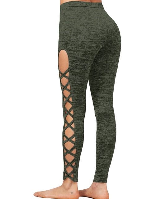 New Women Sexy Pencil Pants Leggings Hollow Out  High Waist  Fitness Workout Running Leggings Female Elastic Trousers