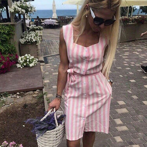 Women Stripe Shirt dress 2018 Summer New Square collar sleeveless belt  Elegant dresses Pink Blue Stripe Beach Party Dress