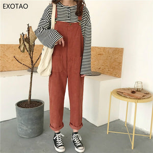 EXOTAO Corduroy Loose Casual Bodysuit for Female Retro Pocket Adjustable Lace Feminino Jumpsuits All Match Solid Lady Macacao