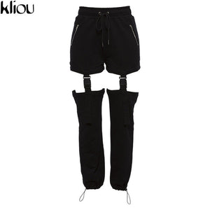 Kliou New Fashion Bandage Design Women Casual Loose Full Length Pants 2018 Autumn High Waist Solid Fake Zippers Cargo Pants
