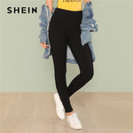 SHEIN Black Minimalist Casual Ribbed Knit Solid Skinny Long Leggings 2018 New Autumn Women Pants Trousers