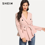 SHEIN Pink Office Lady Highstreet Asymmetric Peplum Double Button Belted Solid Blazer 2018 Autumn Elegant Women Coats Outerwear